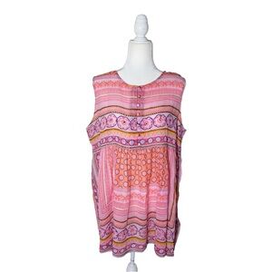 NEW Charlie Paige Bohemian Sleeveless Tunic Top Pink Tribal Print  L/XL